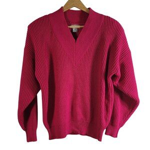 Lindsey Blake Chunky Knit Sweater Pink Med Long Sleeve V Neck Shoulder Pads VTG